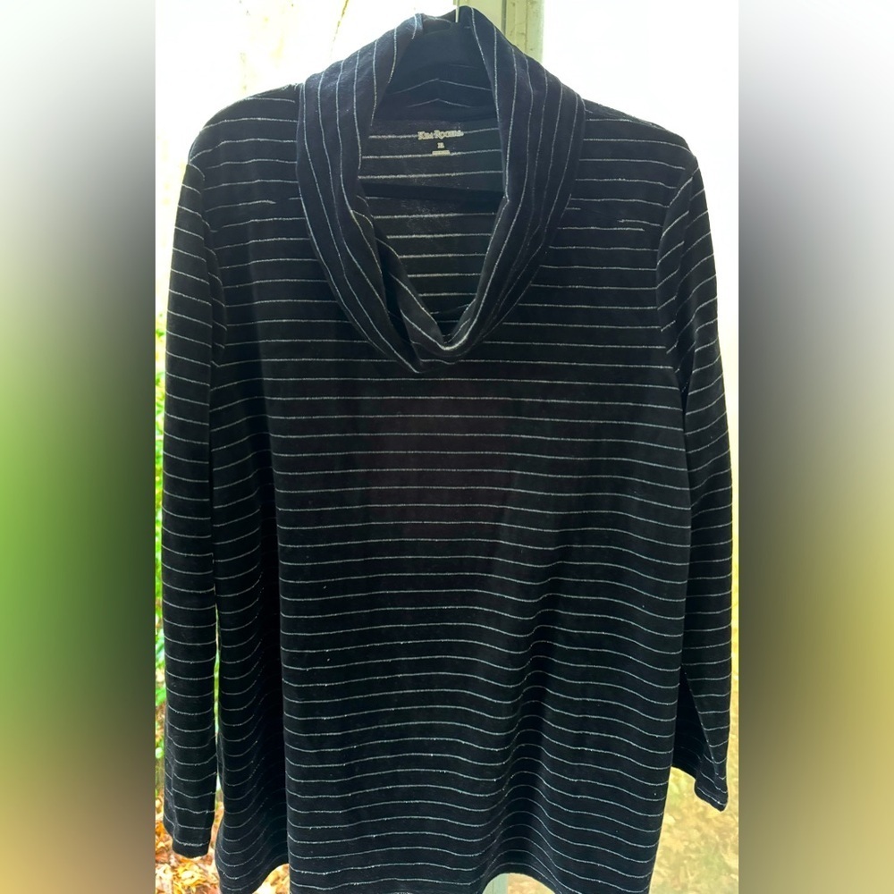 Kim Roger’s XL Black cowl neck sweater with silver shimmering stripes EUC